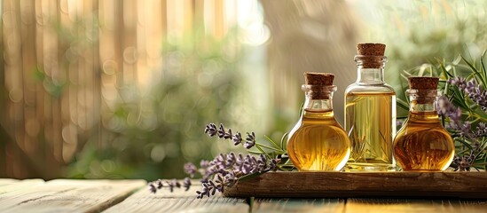 Poster - Esthetic oils and bottles in an image with space for adding text or graphics. with copy space image. Place for adding text or design