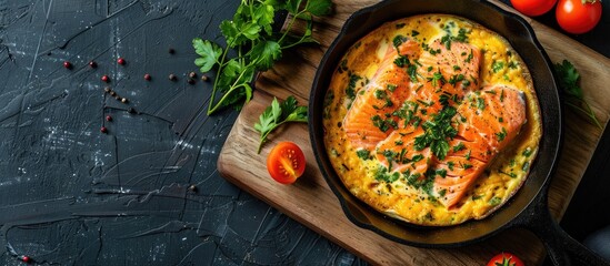 Aufkleber - Top down shot of a breakfast dish comprising salmon omelet in cast iron with sour cream sauce complemented by herbs and tomatoes on a wooden board against a dark table backdrop ideal for copy space i
