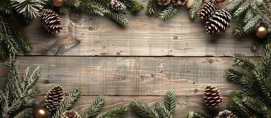 Poster - Blank for design there are toys fir branches cones and garlands on a wooden backdrop in the copy space image