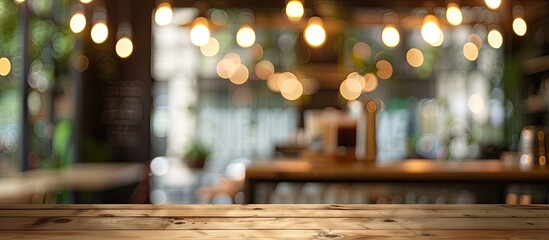 Aufkleber - Bokeh background at a coffee shop with a blurred effect behind the chosen empty brown wooden table perfect for product displays with copy space image