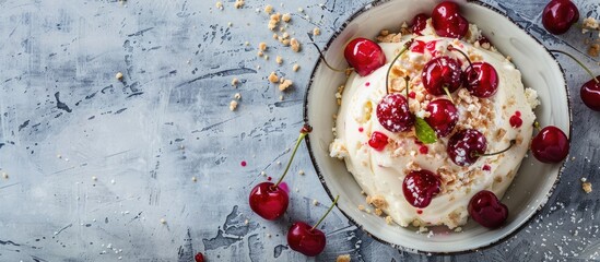 Poster - Selective focus on crumbled cherry dessert served with vanilla ice cream in a top view copy space image