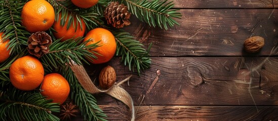 Poster - Tasty festive tangerines on a tree branch on a wooden background ideal for a copy space image
