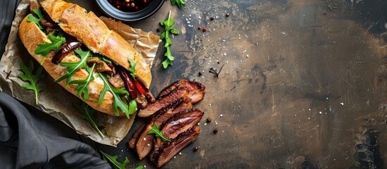 Aufkleber - A rustic top view of a fresh appetizing foie gras liver sandwich made with goose or duck served on a table with copy space for an image of food