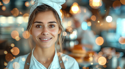 Wall Mural - Young waitress with blurry restaurant in background. Generative AI.