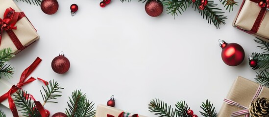 Poster - Festive Christmas scene with presents fir tree branches and red ornaments on a white backdrop Captures the essence of the holiday season with a flat lay perspective and a top view emphasizing the cop