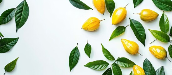 Aufkleber - Flat lay composition of tasty carambola fruits and leaves against a white backdrop with copy space image