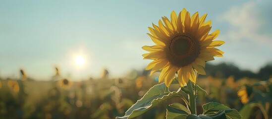 Poster - Summer day with a stunning blooming sunflower in a field provides ideal copy space image
