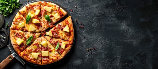 Poster - Delicious Hawaiian pizza with cheese crispy bacon and pineapple served with a pizza cutter wheel on a dark background showcasing a copy space image