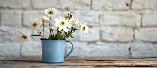 Wall Mural - white wild anemone flowers in a blue mug against a white brick wall on a wooden table evoke a rural 