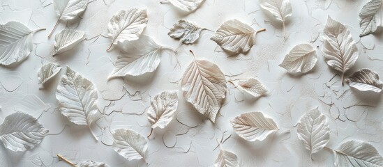 Aufkleber - A white backdrop adorned with textured leaf patterns creating a charming copy space image