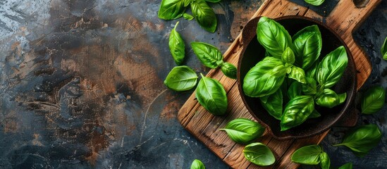 Leinwandbilder - A rustic wooden board adorned with a frying pan and vibrant basil leaves on a table creating an inviting copy space image