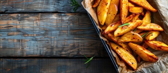 Aufkleber - Top view of crispy homemade baked potato fries with room for text copy space image included