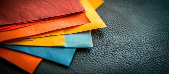 Aufkleber - Close up multicolored sheets of paper against a dark leather backdrop providing ample copy space image