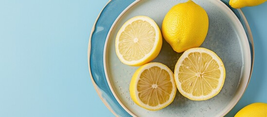 Fototapete - Food and drink ingredients prepared with fresh cut lemon slices and whole lemons on a round plate against a colored background Top view with ample copy space image emphasizing a healthy eating theme