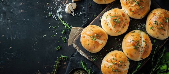 Aufkleber - Dark background with a board displaying delicious garlic buns offering copy space image