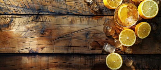 Aufkleber - A wooden table with a fresh slice of lemon garnishing a glass of lemonade provides a rustic copy space image