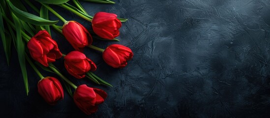 Poster - A spring themed setting featuring red tulips on a dark surface for Valentine s Day Women s Day and Mother s Day celebrations captured from above with room for text or other images
