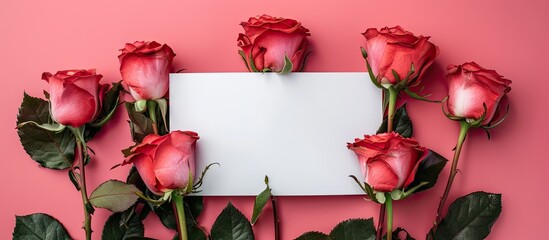 Aufkleber - Fresh roses arranged decoratively on a color background with an empty white paper sheet for text providing a floral visual with plentiful copy space image