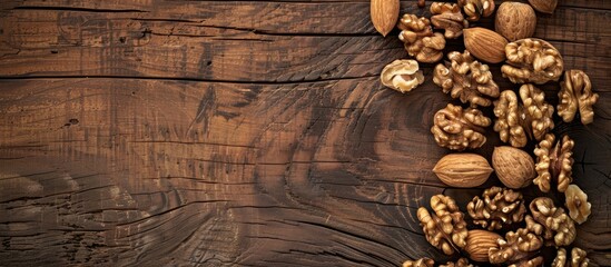Poster - Walnut kernels arranged on a wooden board with ample copy space image available