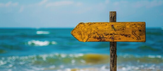 Poster - Scenic beach sign against a backdrop of the sea perfect for travel themed copy space image