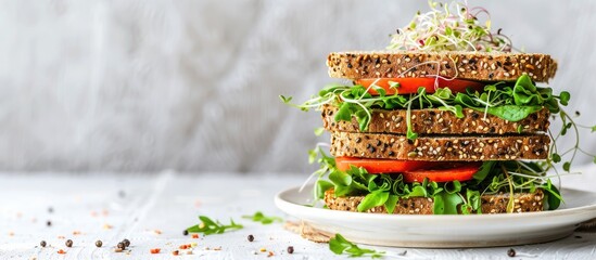 Fototapete - Healthy sandwich with gluten free bread tomato lettuce and sprouts on a plate on a white table with a copy space image