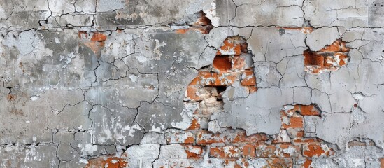 Aufkleber - Weathered brick wall with cracked cement and lichen stains perfect for a copy space image or wallpaper background