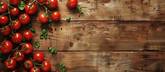 Poster - Rustic style tomatoes on a wooden backdrop in a flat lay food background with copy space image