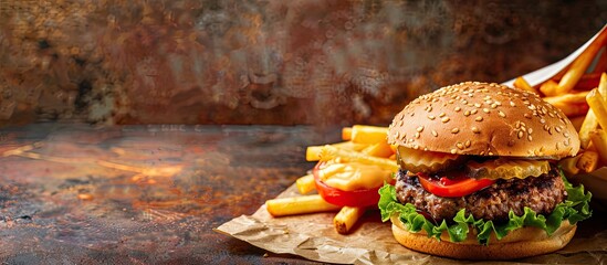 Poster - Classic fast food duo of a juicy hamburger with crispy fries in a nostalgic setting with a vintage copy space image