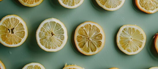 Leinwandbilder - Top view of fresh ripe lemon slices arranged on a green table in a kitchen setting with a clear area for adding text or images. with copy space image. Place for adding text or design