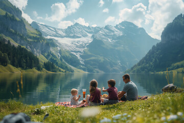 Wall Mural - Family gathering by picturesque lake