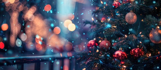 Poster - Night view of a selectively focused Christmas tree with festive decorations in a holiday setting with copy space image