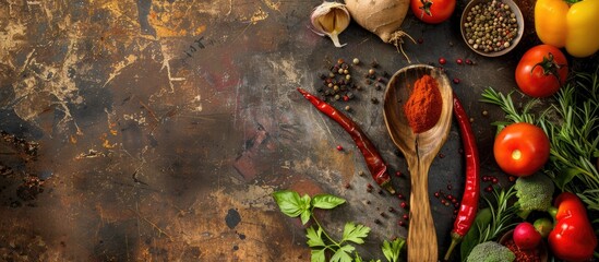 Poster - Top view of a wooden spoon surrounded by fresh vegetables and spices for healthy cooking on a backdrop of old rusty metals with a close up copy space image conveying a diet or vegetarian food concept
