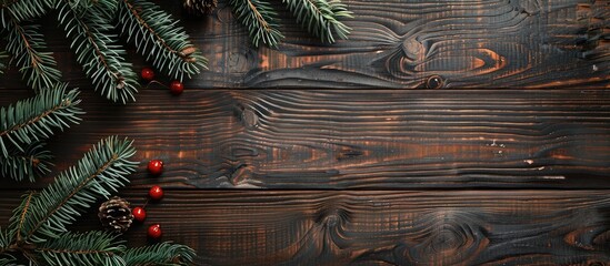Poster - Wooden background with a Christmas tree branch perfect for a copy space image