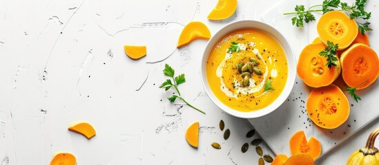 Aufkleber - Creamy roasted pumpkin and carrot soup with pumpkin seeds set against a white backdrop A cutting board displays butternut squash slices with vibrant green accents Room for a copy space image