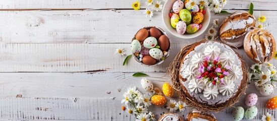 Poster - Top view of a festive Easter display featuring a traditional Easter cake chocolate eggs in a nest colorful painted eggs and sweet bread adorned with meringue on a wooden white background with copy spa