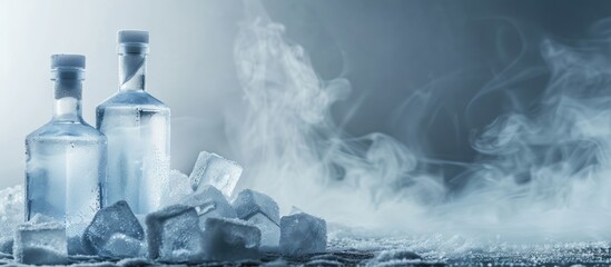 Aufkleber - Chilled vodka bottles subtly visible through misted glass alongside ice cubes with a copy space image