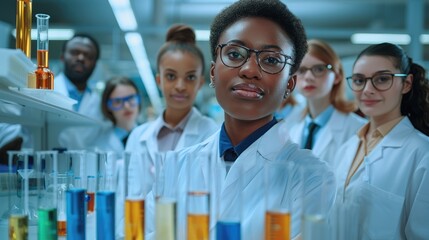 Poster - Diverse group of scientists in a laboratory, posing confidently with research equipment, innovative and inclusive. Generative AI.