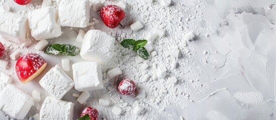 Poster - Beautiful festive background with homemade marshmallows apple and mint sweet and airy delicately sprinkled with powdered sugar perfect for copy space image