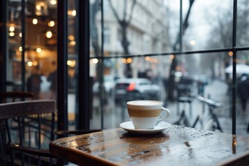 Wall Mural - Drink in coffee shops window restaurant table.