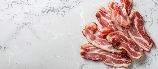 Aufkleber - Copy space image featuring raw bacon slices arranged on a light grey marble surface for a flat lay composition