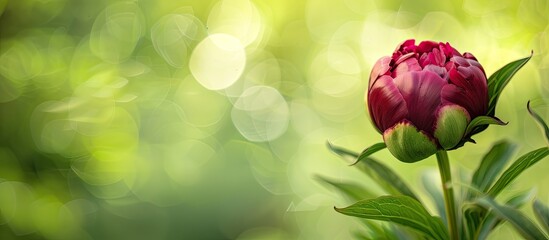 Leinwandbilder - Sunny day with a burgundy peony bud set against a vibrant spring green background providing space for text or images. with copy space image. Place for adding text or design