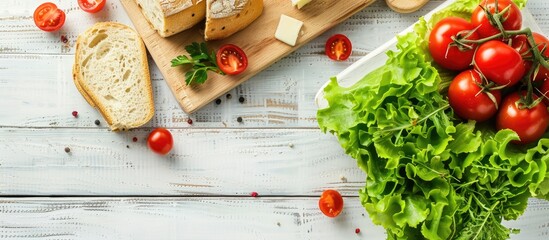 Aufkleber - A fresh ripe brunch with cherry tomatoes on a cutting board accompanied by green lettuce bread and butter set on a white wooden table with copy space image