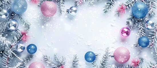 Poster - Decorative winter holiday greeting card with a frame adorned by shiny silver pink and blue ball decorations fir branches on a frosty white background ideal for adding your message