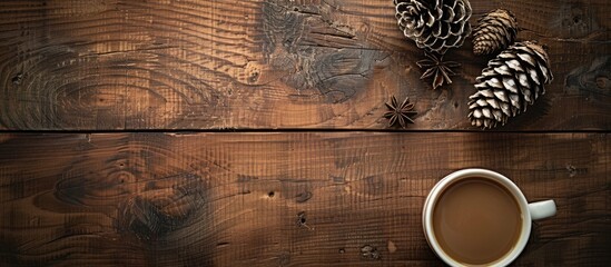 Wall Mural - A rustic themed top down view of coffee with a pine cone on a wooden table featuring ample copy space for an image