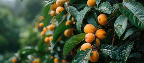 Leinwandbilder - Lush green trees with loquat fruits ripening providing a serene backdrop in the orchard setting with a copy space image