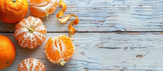 Leinwandbilder - Close up photo of a ripe tangerine without peel next to tangerine peels on a light wooden backdrop with copy space image