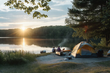 Canvas Print - Family having fun camping by lake