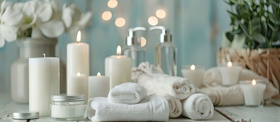 Poster - Items for a calming spa ambiance such as candles wipes and bottles placed near the copy space image
