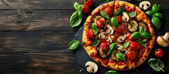 Poster - A top down view of a vegetarian pizza featuring eggplant tomato mushrooms and basil on a dark wooden surface with space for additional images