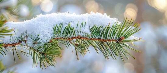 Poster - Snow covered pine branch with needles perfect as a copy space image